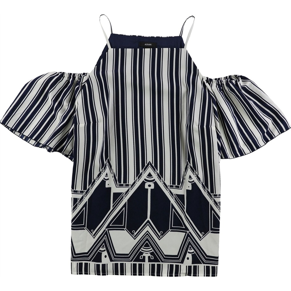 Alfani Womens Navy White Geometric Stripe Cold Shoulder Flutter Sleeve Top S